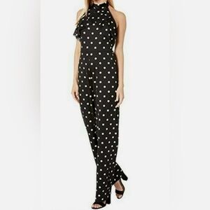Bebe Black White Polka Dot halter stretch belted ruffle jumpsuit cruise Size 10